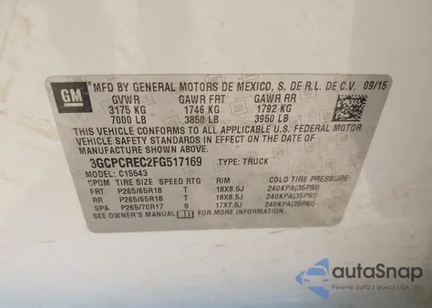 2015 Chevrolet Silverado 1500 1Lt z USA, uszkodzony, nr VIN 3GCPCREC2FG517169